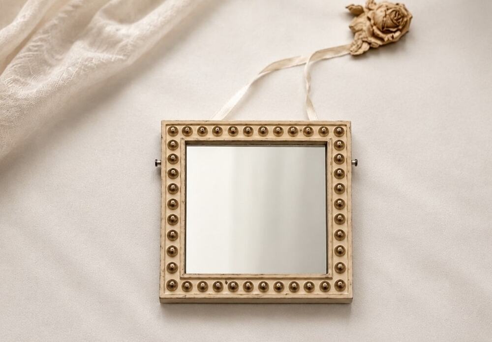 Burnes of Boston Beaded Square Mirror with Rose Hanging Wall Decor 6x6